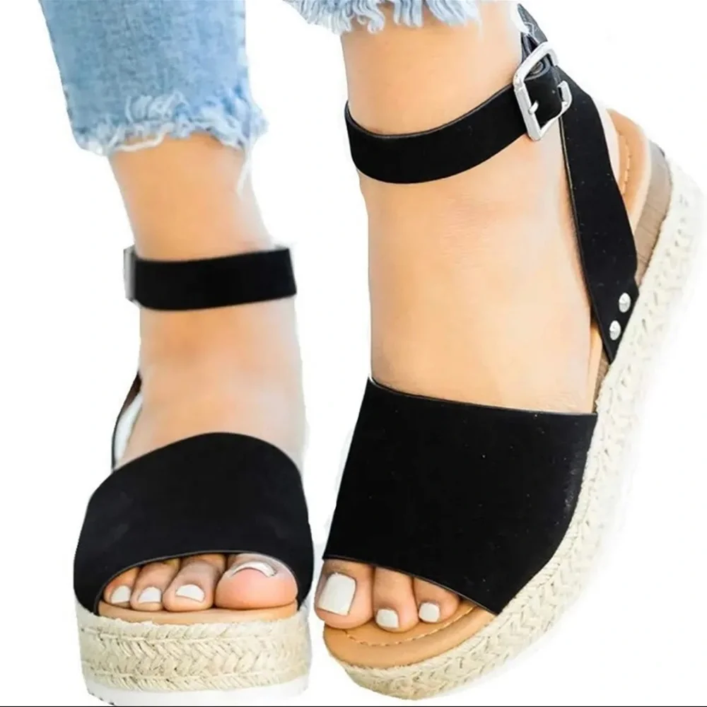 Womens Black Ankle Strap Espadrille Platform Sandals